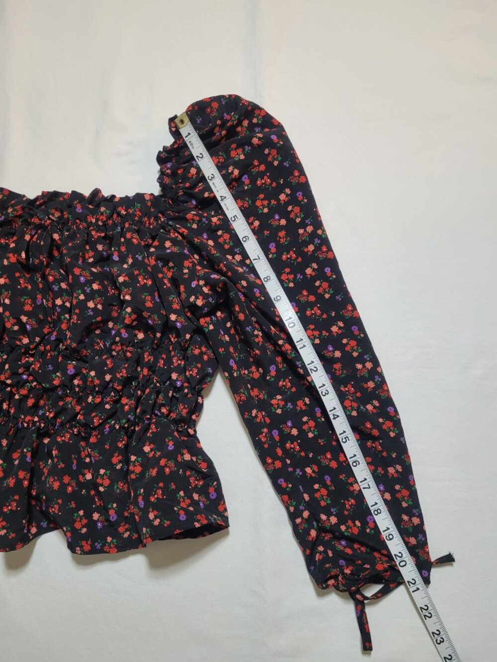 Topshop Floral Puff Sleeve Smocked Crop Blouse Top Peplum Square Neck Black - Picture 10 of 10